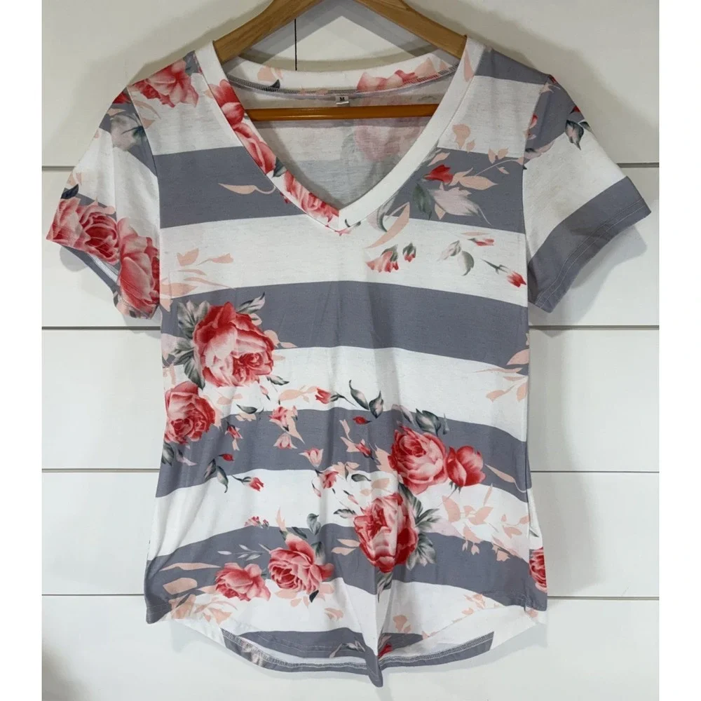 Women's White and Grey Striped Floral V Neck Short Sleeve Top Medium No Brand